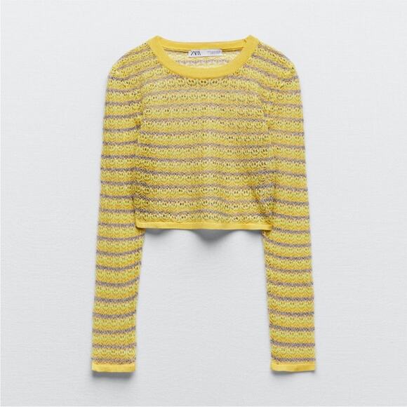 Zara Yellow Gold and Purple Striped Pointelle Knit Crochet Cropped Sweater L - Picture 3 of 8